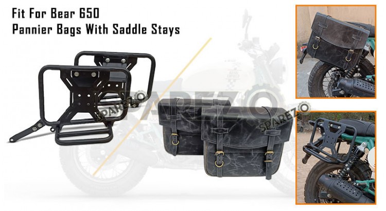 For Royal Enfield Bear 650 Genuine Leather Pannier Bags Black With Saddle Stays - SPAREZO